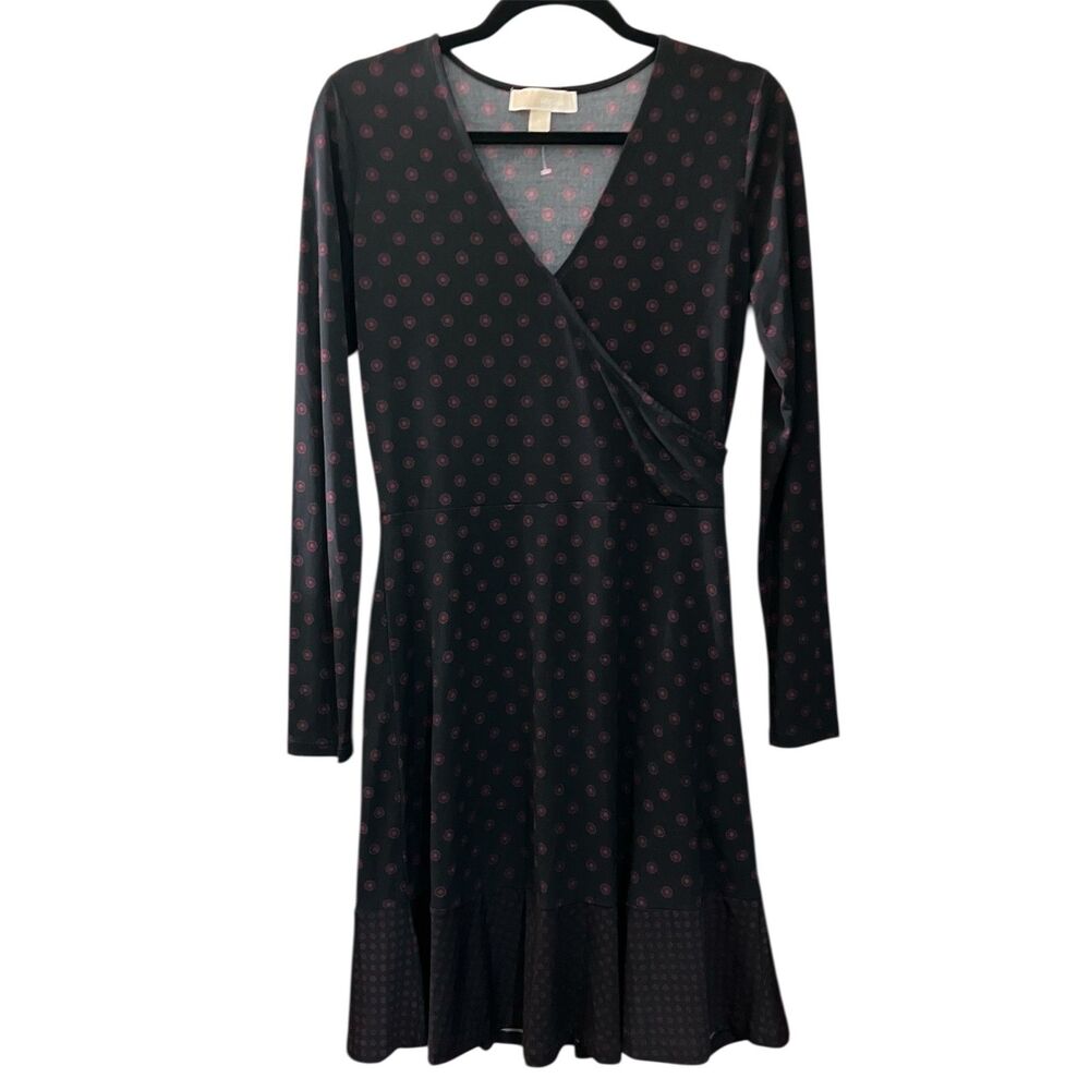 Michael Kors geometric print long sleeve faux wrap  a-line dress